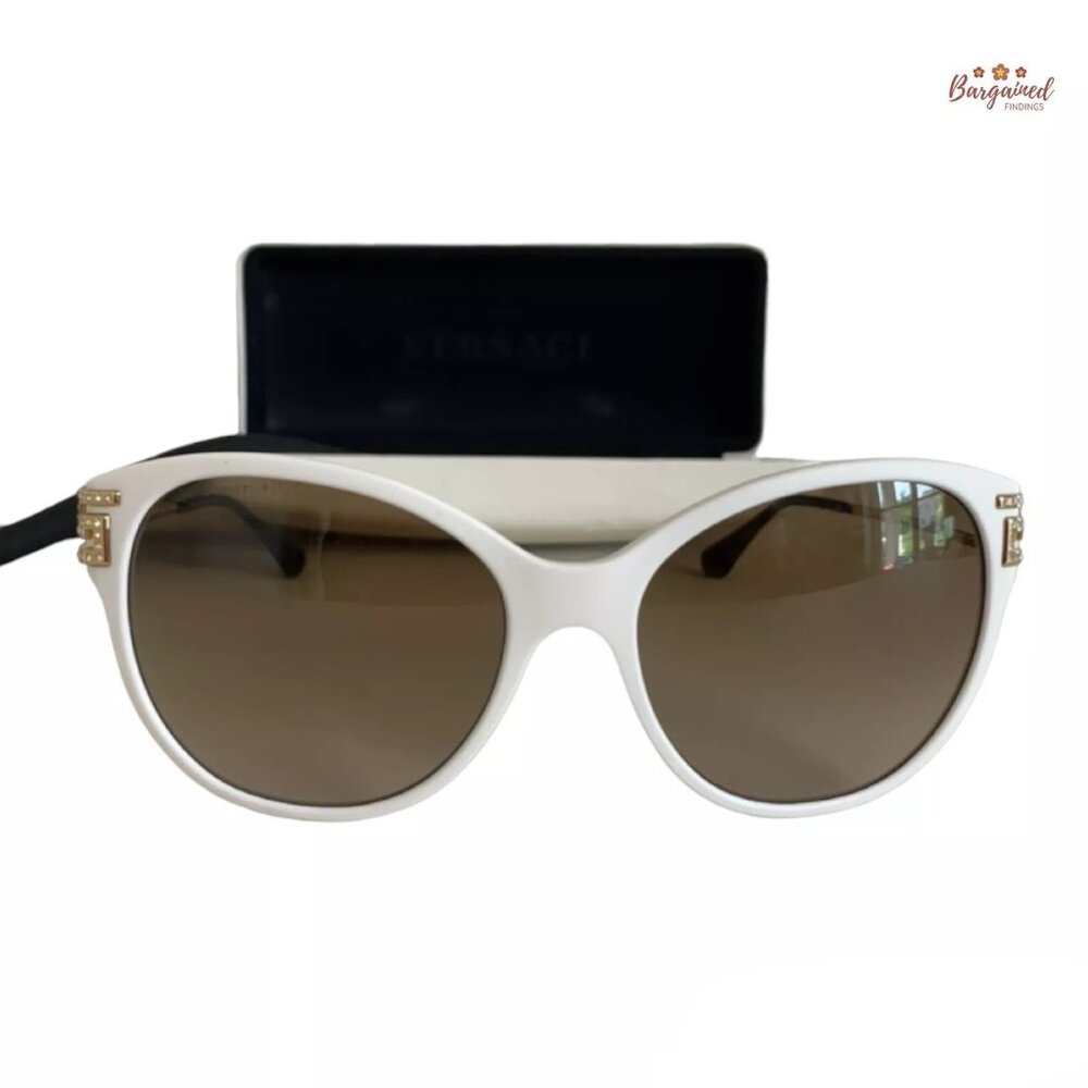 Authentic VERSACE White Frame Gold Metal Smoke Lenses Rhinestone Sunglasses 4316